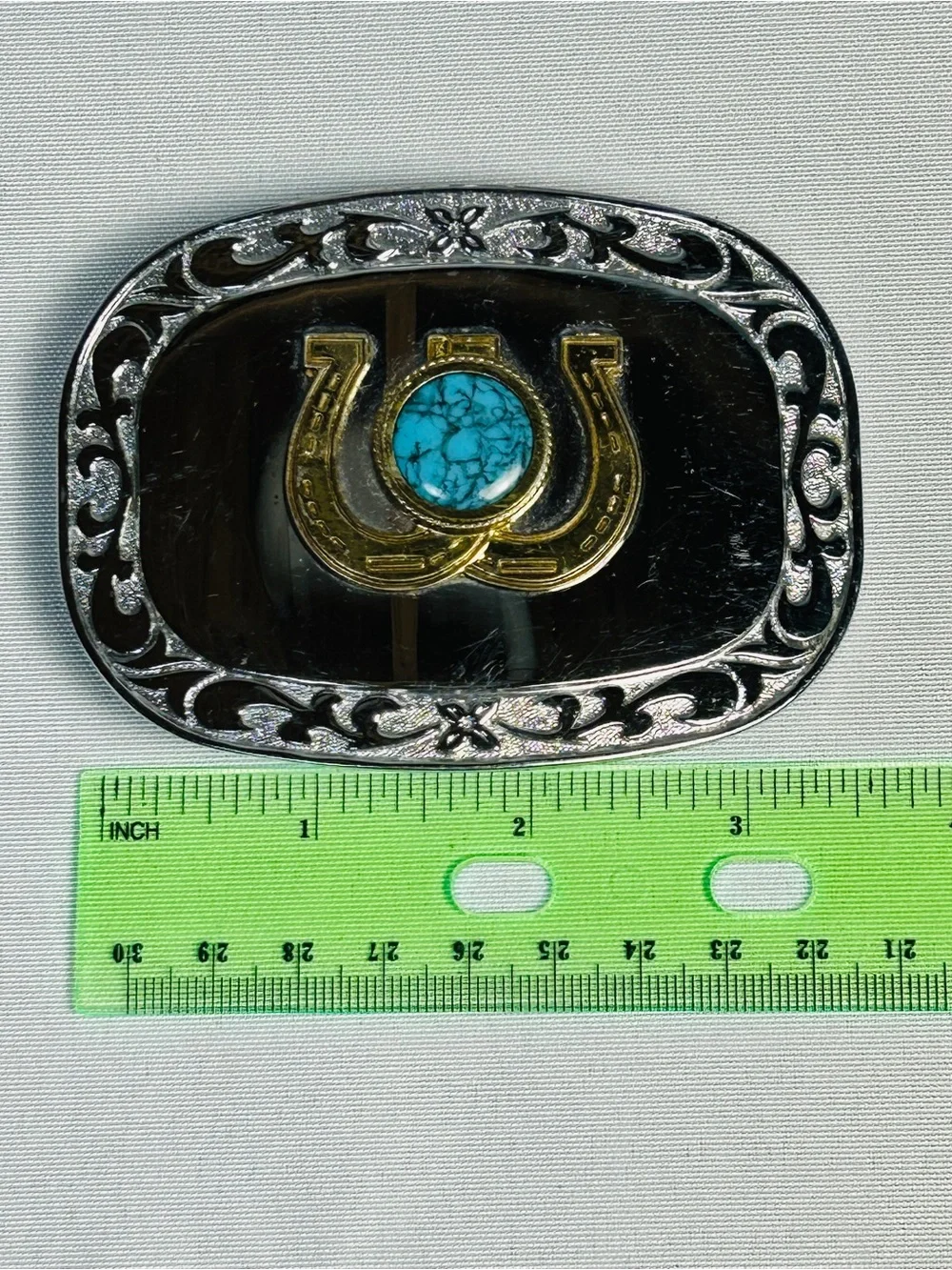 Vintage 2-Tone Dual Horseshoe Western Belt Buckle Faux Turquoise Stone Americana